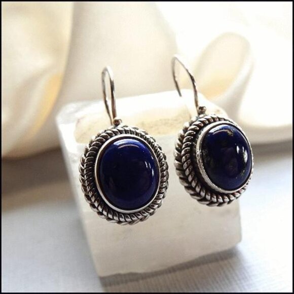 Petite Lapis Lazuli 925 Sterling Silver Pierced Earrings 16631 - Picture 2 of 6